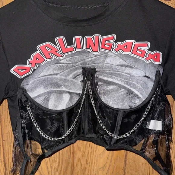 Darlingaga Black Graphic Crop Top with Lace & Chain Corset Detail - Picture 2 of 5